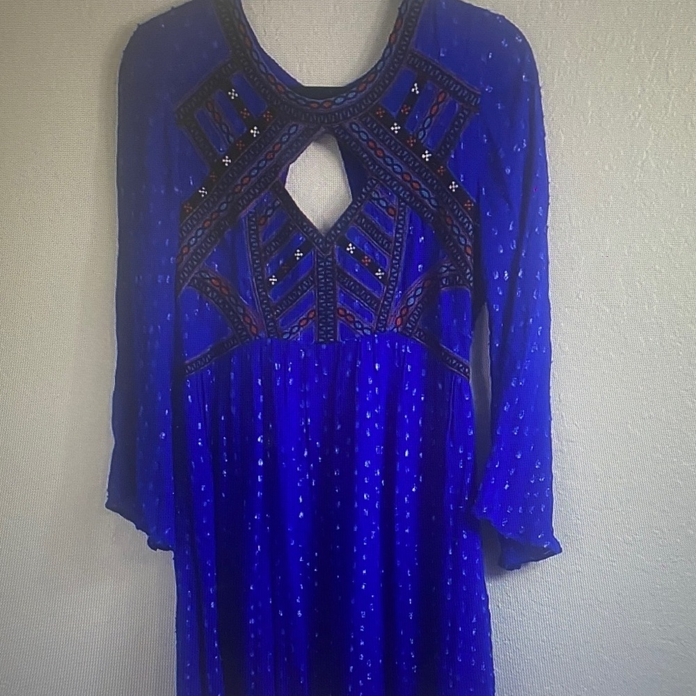 Free People Royal Blue Embroidered Keyhole Maxi Dress